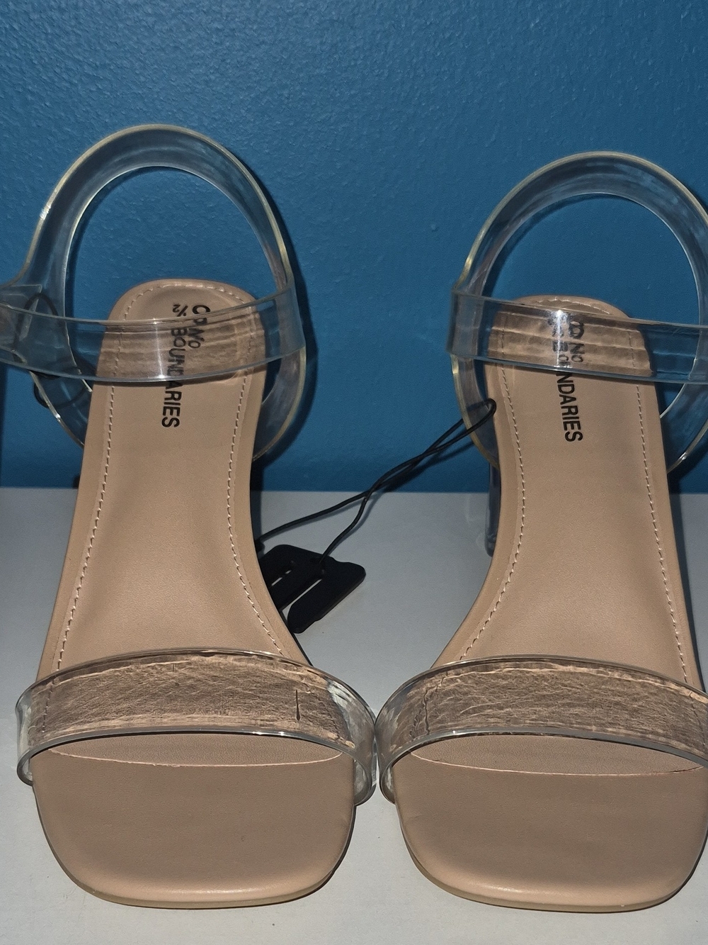 No Boundaries Nude Clear Strap Block Heel Sandals